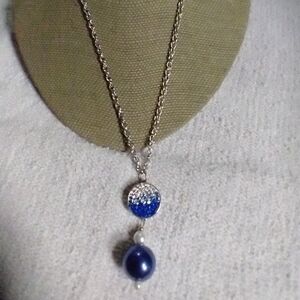 Silvertone blue crystals ball chain necklace